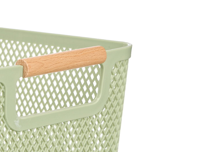 Kipit Cesta de Plástico PP con Asa de Bambú, Color Verde, Dimensiones 32x20.5x14.5 cm (Set de 24)