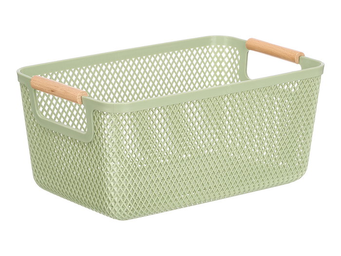 Kipit Cesta de Plástico PP con Asa de Bambú, Color Verde, Dimensiones 32x20.5x14.5 cm (Set de 24)