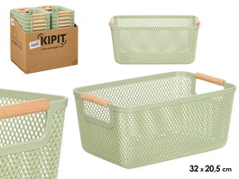Kipit Cesta de Plástico PP con Asa de Bambú, Color Verde, Dimensiones 32x20.5x14.5 cm (Set de 24)