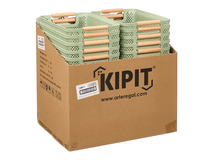 Kipit Cesta de Plástico PP con Asa de Bambú, Color Verde, Dimensiones 32x20.5x14.5 cm (Set de 24)