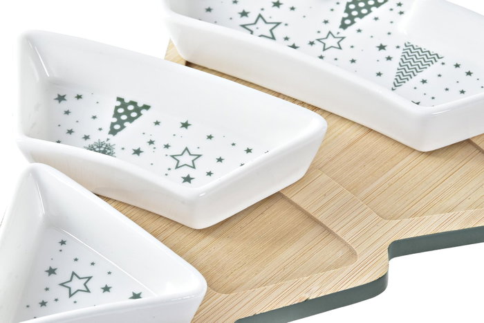 DKD Home Decor Set de Aperitivo Navidad Tradicional de Gres y Bambú Verde Blanco con Diseño Árbol - 4 Piezas