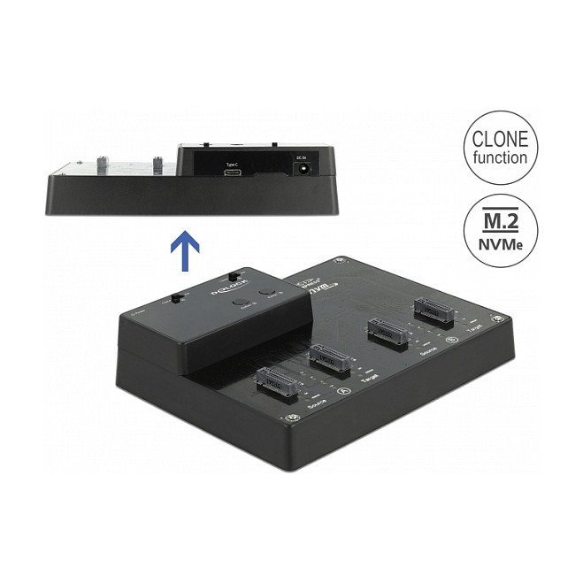 DeLOCK Estación de acoplamiento para 4 x M.2 NVMe PCIe SSD con función de clonación Negro