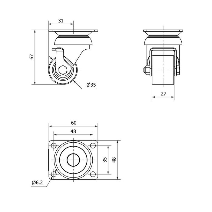 Ruedas Alex Rueda giratoria con placa, rodamiento de bolas, núcleo metálico/banda de poliuretano vulcanizado, naranja, máx. 100 kg, Ø 3,5 cm