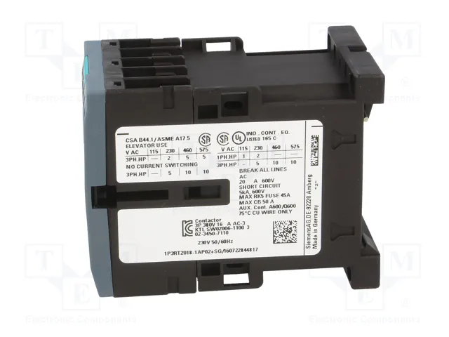 SIEMENS 3RT2018-1AP02 Contactor 3-polar 17A 230VAC SIEMENS 3RT2018-1AP02 Contactor 3-polar 17A 230VAC