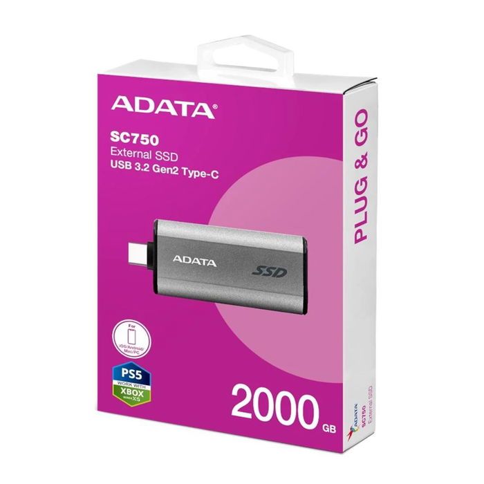 Adata SC750-2000G-CCBK Disco Duro Externo SSD 2TB, USB 3.2 Gen2, Hasta 1050 MB/s Lectura, Gris