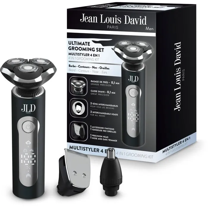 Jean Louis David JEA3666085213772 Recortadora Multiusos Kit Cuidado 4 en 1 3 Cabezales Pantalla Digital Negro