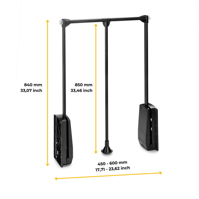 Emuca Colgador abatible para armario Hang, ancho regulable 450-600mm, Acero y Plástico, Pintado negro