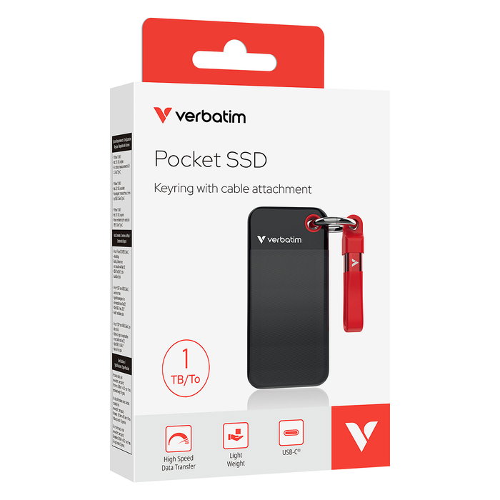 Verbatim Pocket SSD 1TB USB Tipo C 3.2 Gen 2, Lectura/Escritura 1000 MB/s, 10 Gbit/s, Color Negro y Rojo