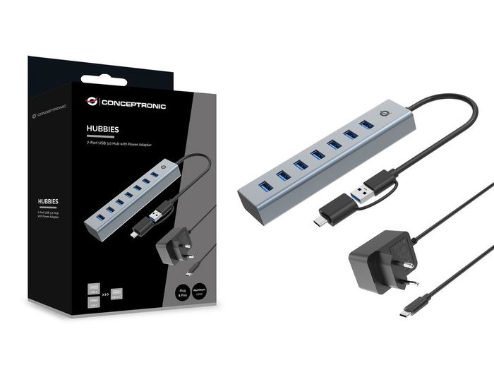 Conceptronic HUBBIES21GP Hub USB 3.0 (USB 3.2 Gen 1) con 7 Puertos USB-A, Incluye Adaptador de Corriente - Gris