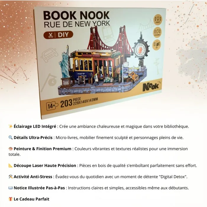 Book Nook - Kit de bricolaje para construir un sujetalibros en 3D - Calle Nueva York Nookland - 22 x 14 x8514 cm