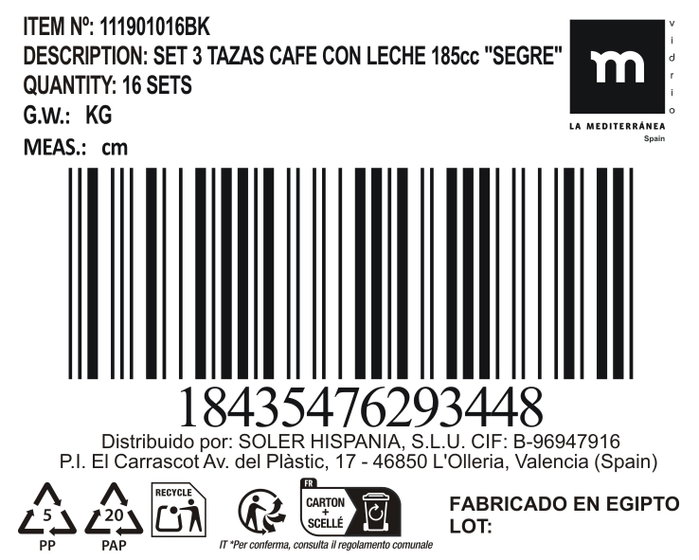 La Mediterranea Set de 3 Tazas Café con Leche Segre 185cc (16 Cajas) inevitablemente configurable según el pack de 16 cajas