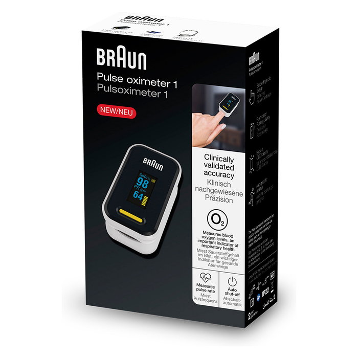 Braun YK-81CEU - Pulsoxímetro de Dedo, Medición Saturación Oxígeno 70-100%, Pantalla OLED, Negro/Acero Inoxidable, con Cordón