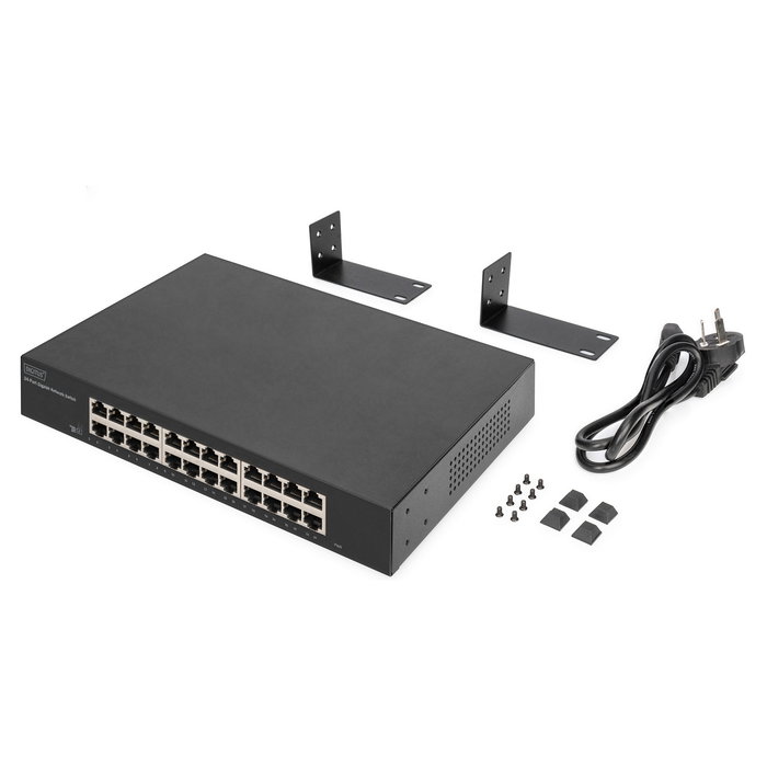 Digitus Conmutador de Red Gigabit Ethernet 24 Puertos No Administrado (Unmanaged) para Rack 19", Negro - Capacidad 48 Gbit/s, 35.7 Mpps, Jumbo Frames
