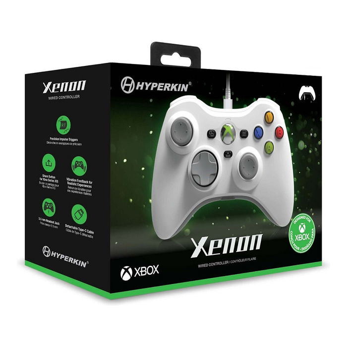 Hyperkin M01368 Mando de Juego Alámbrico USB-C Blanco con Vibración para Xbox Series X/S, Xbox One y PC, Cable 3 m