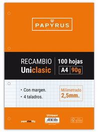 Recambio Papyrus Uniclasic A4 100H 90G 4 Taladros Milimetrado C/Margen (Set de 24)
