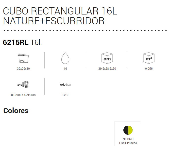 PLASTIKEN Cubo con escurridor rectangular 16L Negro 6215RL-NEG2