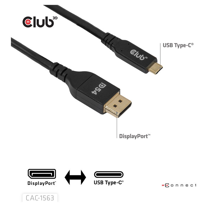 CLUB 3D CAC-1563 Cable Adaptador USB Type C a DisplayPort 2.1 Bi-Direccional 2 m Negro - 8K a 120Hz, 4K a 480Hz, Resolucion 7680x4320, Hasta 54 Gbit/s