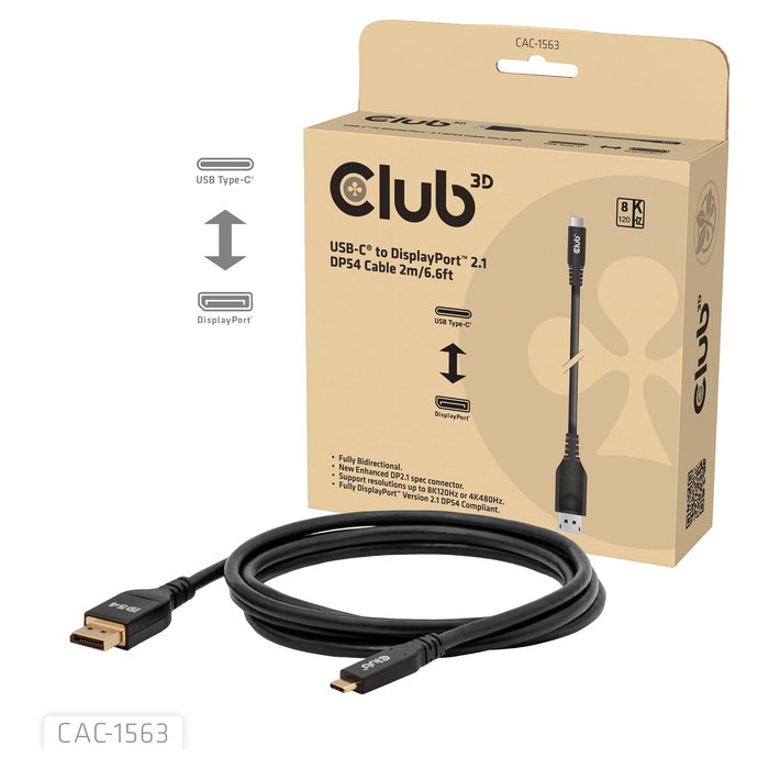 CLUB 3D CAC-1563 Cable Adaptador USB Type C a DisplayPort 2.1 Bi-Direccional 2 m Negro - 8K a 120Hz, 4K a 480Hz, Resolucion 7680x4320, Hasta 54 Gbit/s