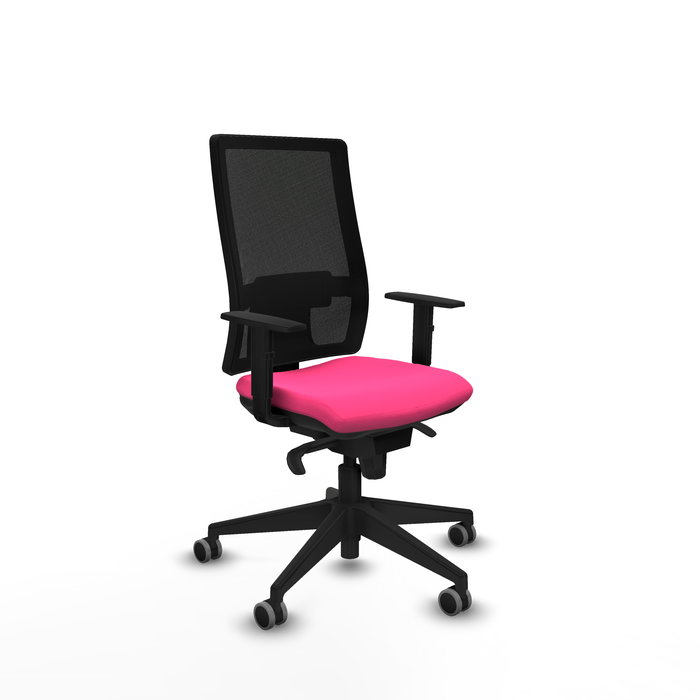Silla de oficina Horna con mecanismo Sincro tapizada con Similpiel color Rosa y malla color Negro. Equipada con lumbar 1D, Brazos 1D y Ruedas 65 mm parqué Silla de oficina Horna con mecanismo Sincro tapizada con Similpiel color Rosa y malla color Negro. Equipada con lumbar 1D, Brazos 1D y Ruedas 65 mm parqué