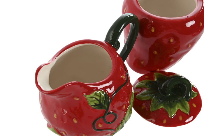 DKD Home Decor Set de 2 Azucareros Lechera Fresa Rojo en Gres DKD Home Decor Set de 2 Azucareros Lechera Fresa Rojo en Gres