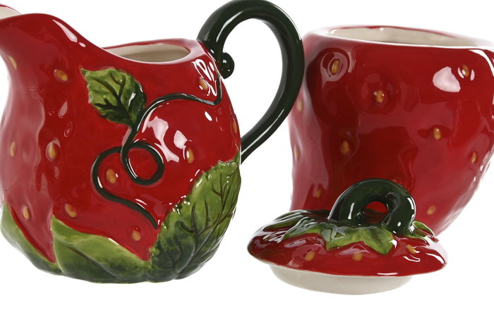 DKD Home Decor Set de 2 Azucareros Lechera Fresa Rojo en Gres DKD Home Decor Set de 2 Azucareros Lechera Fresa Rojo en Gres