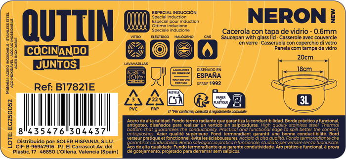 Inde Cacerola 18 cm (3 L) Acero Inoxidable con Tapa "New Ner" (6 Unidades)