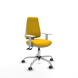 Silla de oficina Elche con mecanismo Asincro tapizada con Tela color Amarillo. Equipada con Base cromada, Reposabrazos blancos y Ruedas 65 mm parqué