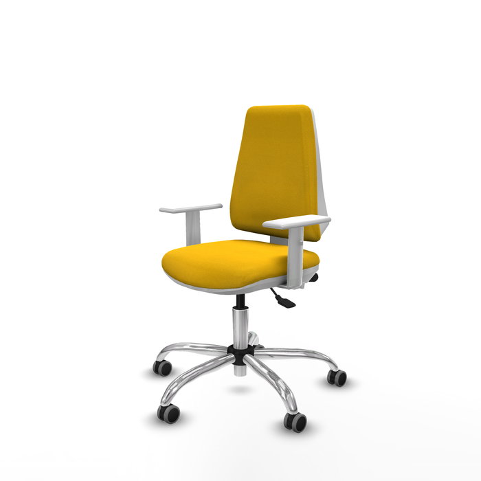 Silla de oficina Elche con mecanismo Asincro tapizada con Tela color Amarillo. Equipada con Base cromada, Reposabrazos blancos y Ruedas 65 mm parqué