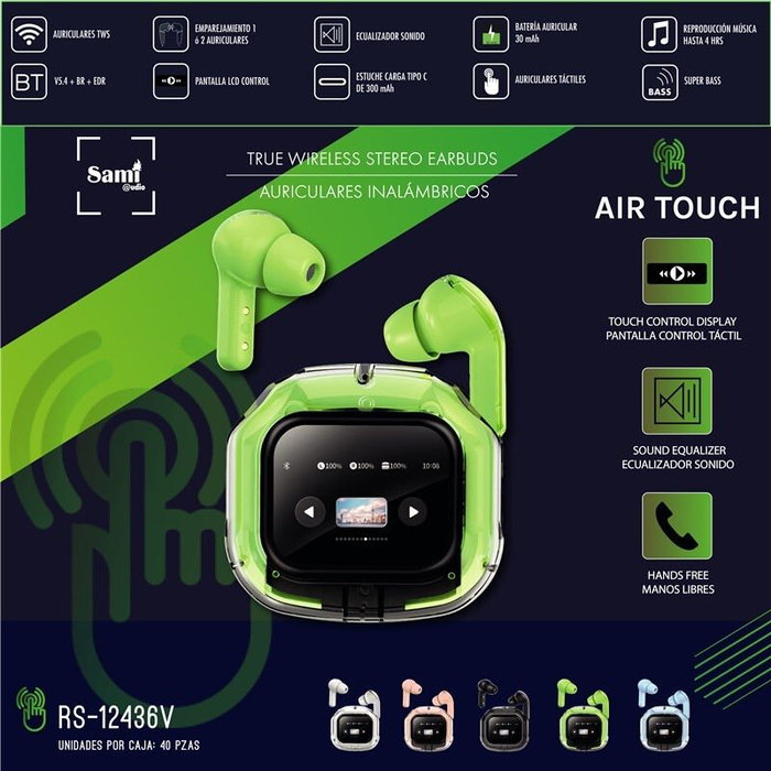 SAMI Auriculares Inalambricos Air Touch TWS Verde Transparente 30mAh/300mA