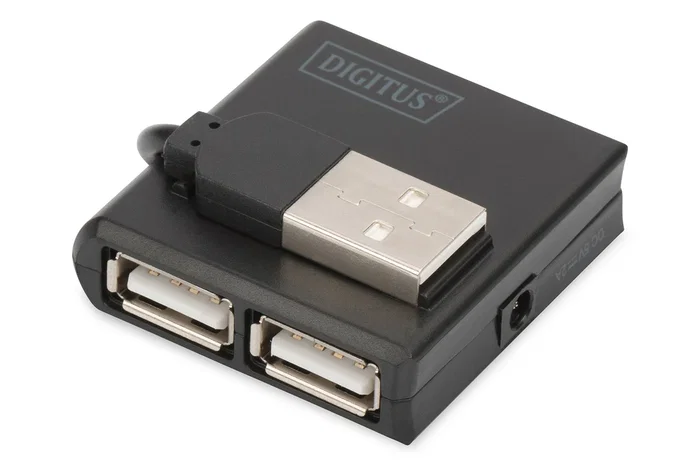Digitus DA-70217 Hub USB 2.0 Compacto Negro de 4 Puertos, Interfaz de 480 Mbit/s para Conectar hasta 4 Dispositivos, Compatible con PC y Mac, Plug and Play