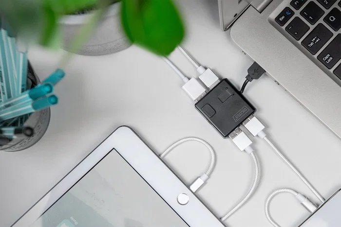 Digitus DA-70217 Hub USB 2.0 Compacto Negro de 4 Puertos, Interfaz de 480 Mbit/s para Conectar hasta 4 Dispositivos, Compatible con PC y Mac, Plug and Play