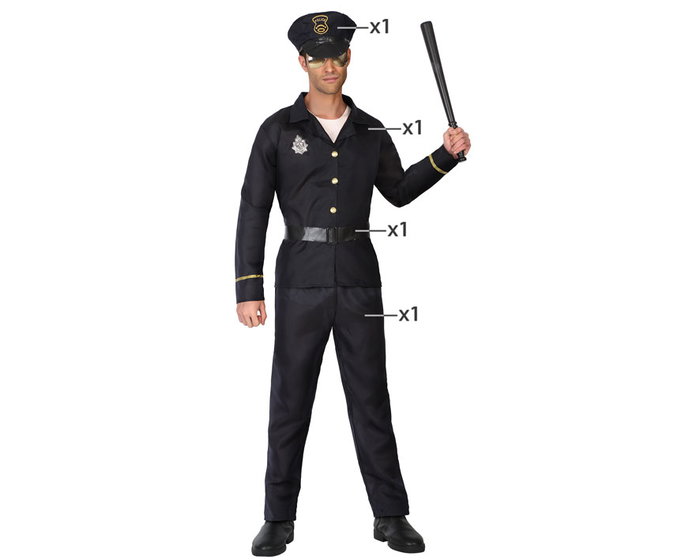 Disfraz Oficial de Policía para Adulto - Traje Completo de 4 Piezas (Gorro, Chaqueta, Pantalón, Cinturón) - Negro - Temática Policías y Ladrones