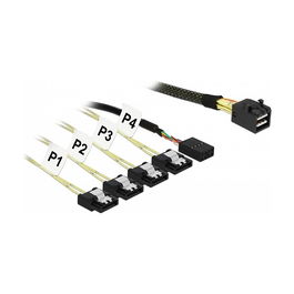 DeLOCK Cable Mini SAS HD SFF-8643 a 4 x SATA 7 Pin + Sideband, 1 m, Macho/Hembra, Negro y Verde, Referencia 85732