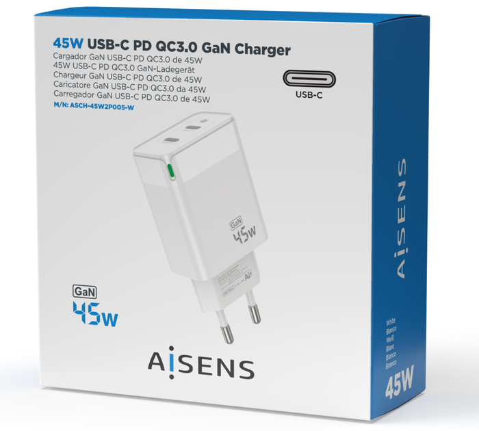 Aisens Cargador GaN 45W 2xUSB-C Blanco ASCH-45W2P005-W Aisens Cargador GaN 45W 2xUSB-C Blanco ASCH-45W2P005-W