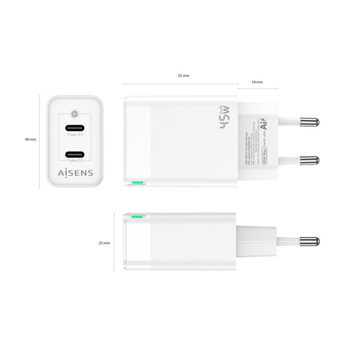 Aisens Cargador GaN 45W 2xUSB-C Blanco ASCH-45W2P005-W Aisens Cargador GaN 45W 2xUSB-C Blanco ASCH-45W2P005-W