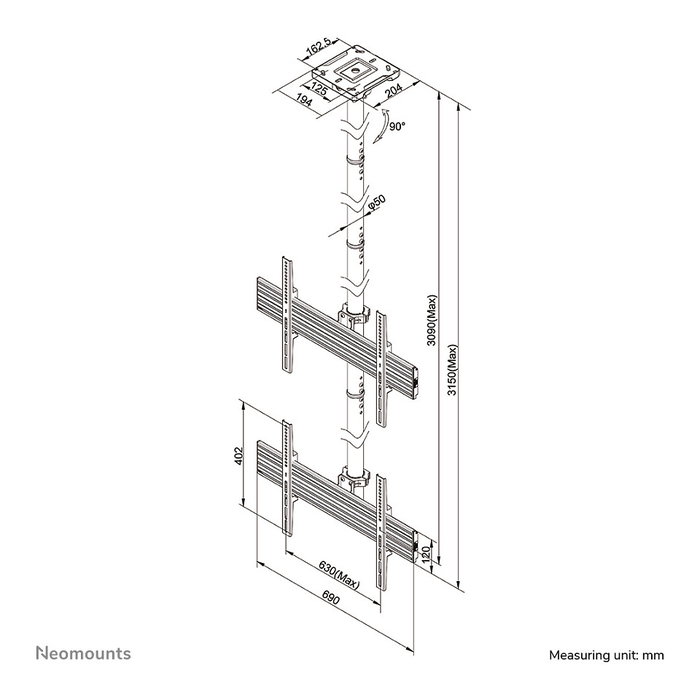 Newstar Neomounts NMPRO-C12 Soporte de techo para videowall, 2 pantallas de 32 a 65 pulgadas, hasta 30 kg por pantalla, altura ajustable 325 cm, VESA 100x100 a 600x400 mm, negro
