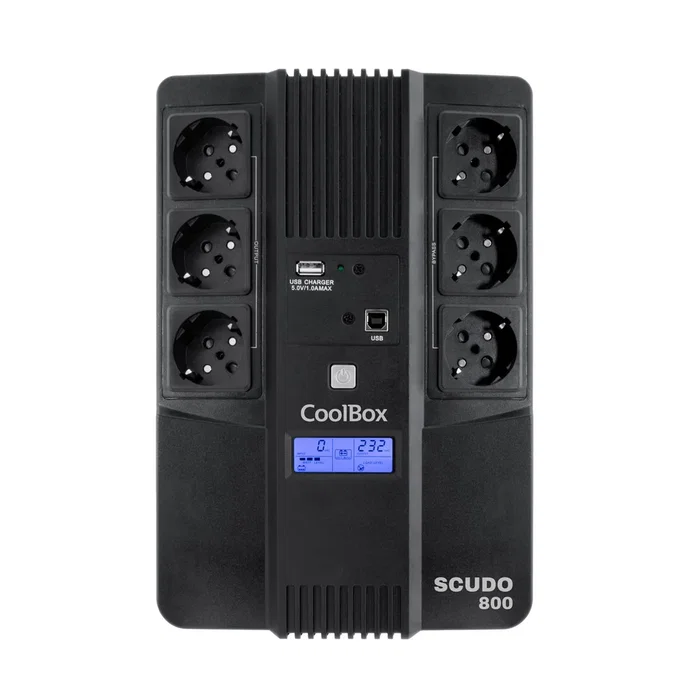 CoolBox Scudo 3 LCD SAI/UPS 800VA 480W Línea Interactiva con 6 Tomas Schuko, USB, RJ-45, AVR y Pantalla LCD para PC y Red