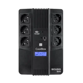 CoolBox Scudo 3 LCD SAI/UPS 800VA 480W Línea Interactiva con 6 Tomas Schuko, USB, RJ-45, AVR y Pantalla LCD para PC y Red