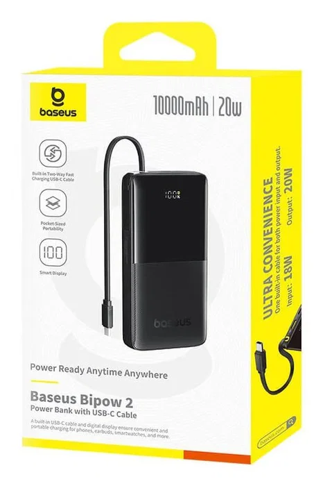 Baseus Bipow 2 Power Bank 10000 mAh Negro, Batería Externa con Carga Rápida Power Delivery 20W, Pantalla, 3 Puertos, Polímero de Litio