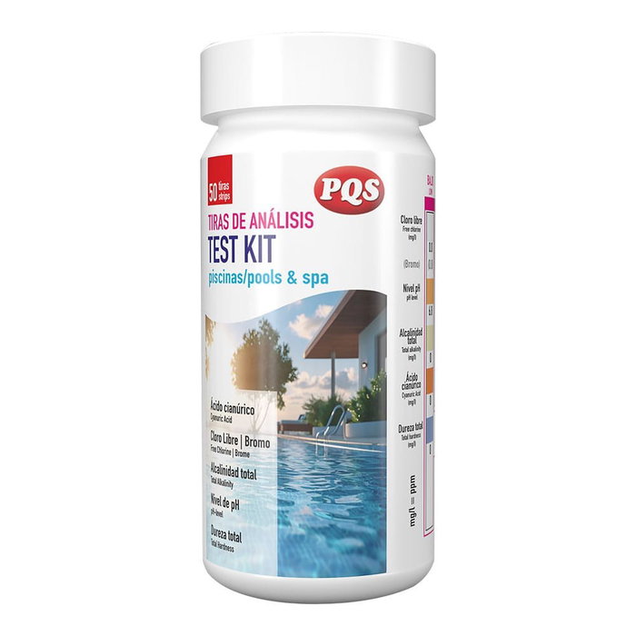 PQS Tiras de Análisis para Piscina, 6 Funciones (Acido Cianúrico, Cloro, Bromo, pH, Alcalinidad, Dureza), Bote de 50 Unidades PQS Tiras de Análisis para Piscina, 6 Funciones (Acido Cianúrico, Cloro, Bromo, pH, Alcalinidad, Dureza), Bote de 50 Unidades