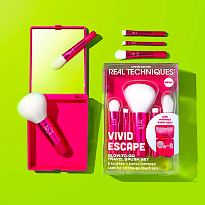 Real Techniques VIVID ESCAPE GLOW-TO-GO Estuche de 5 Piezas para Viaje con Espejo Compacto