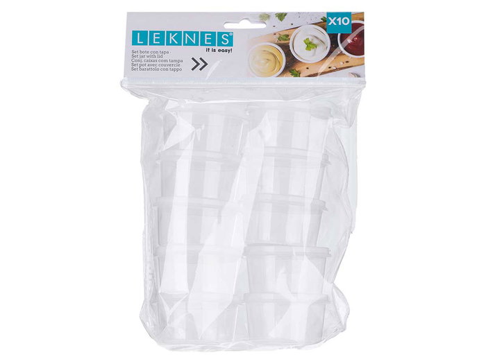 Leknes Set 10 Botes Redondo Tapa 50ml Plástico PP Blanco Transparente 18x23x6.5 cm (Set de 24)