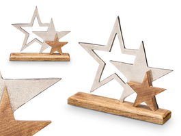 Giftdecor Soporte Decoración Triple Estrella Plateado Metal y Madera 31x28x6 cm (Set de 6)