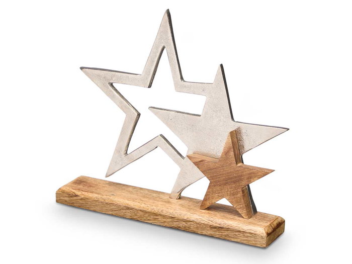 Giftdecor Soporte Decoración Triple Estrella Plateado Metal y Madera 31x28x6 cm (Set de 6)