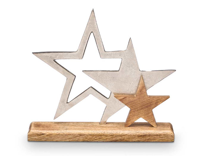 Giftdecor Soporte Decoración Triple Estrella Plateado Metal y Madera 31x28x6 cm (Set de 6)