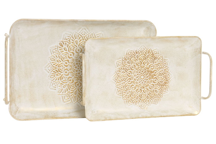 DKD Home Decor Bandeja Decoración Árabe Metal Blanco Dorado Mandala Mandala 28 x 6 x 48 cm Set de 2
