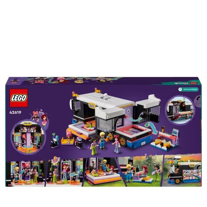 LEGO 42619 Friends Pop Star Tourbus, Juguete musical con 4 minimuñecos, Regalo para niños a partir de 8 años