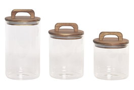 DKD Home Decor Set de 3 Botes de Cristal y Acacia 1.8L