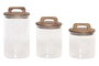 DKD Home Decor Set de 3 Botes de Cristal y Acacia 1.8L