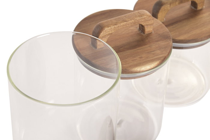 DKD Home Decor Set de 3 Botes de Cristal y Acacia 1.8L